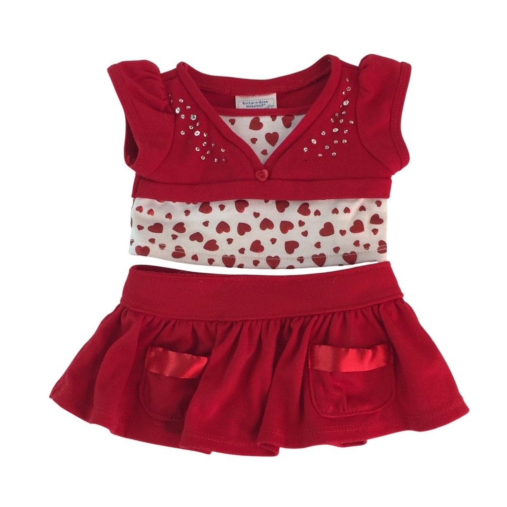 Build A Bear Clothes Red Heart Shirt Skirt w/Pockets Sparkle Rhinestones Outfit